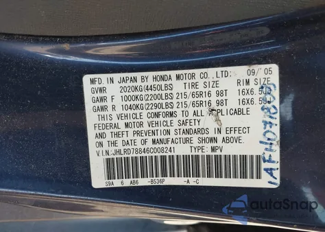 2006 Honda Cr-V Ex from USA, damaged, VIN JHLRD78846C008241